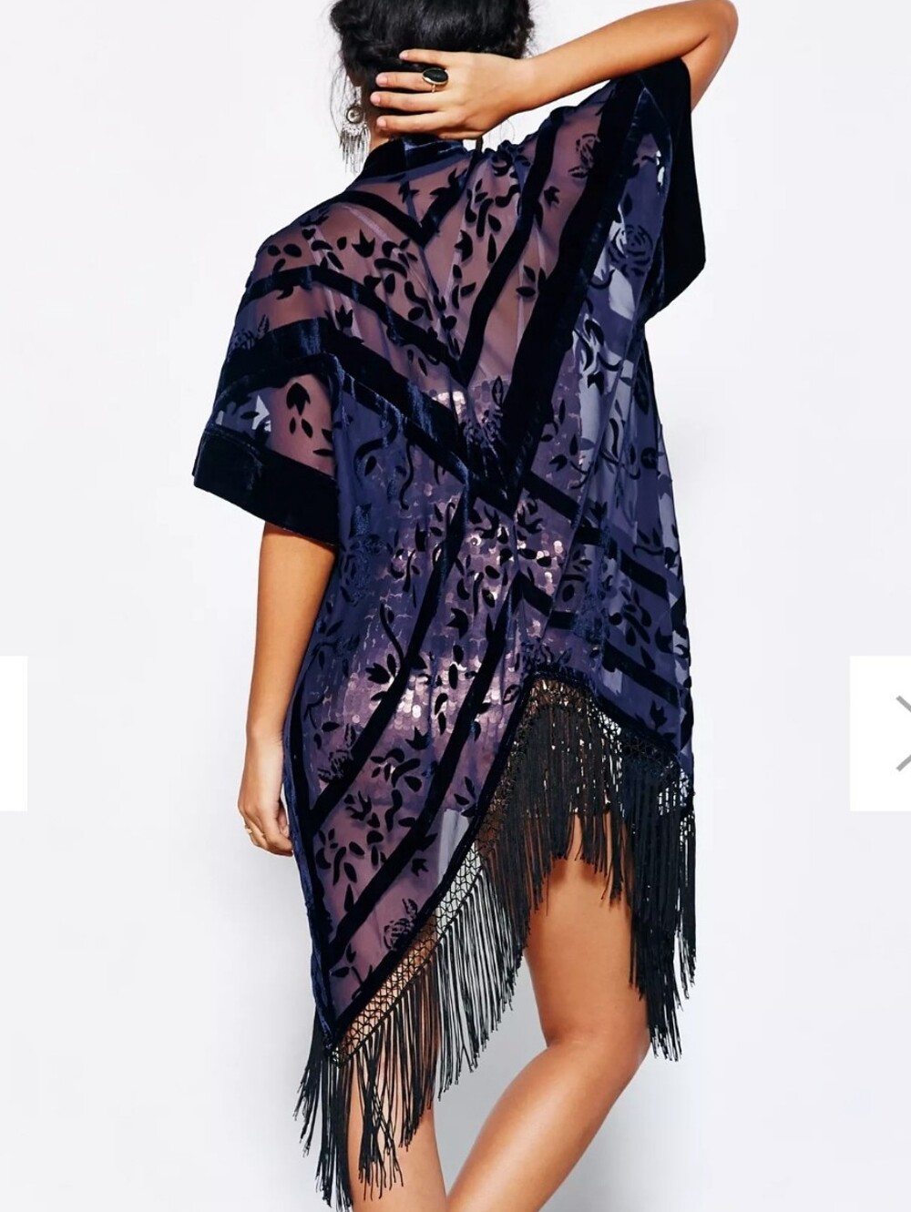 Ecoté Velvet Burnout Fringe Kimono Duster Boho Festival Sheer XS/S